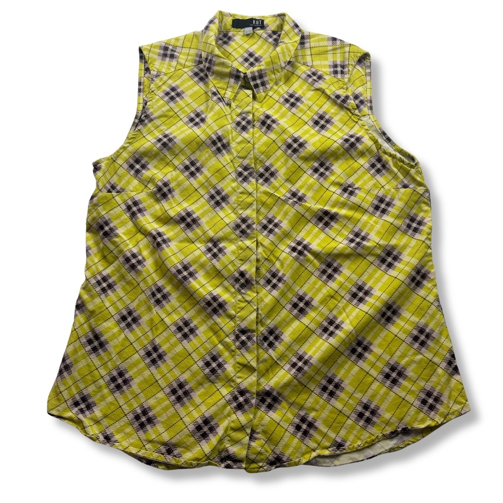 KUT from the Kloth Plaid Sleeveless Tencel Blouse Lime Green Womens Large